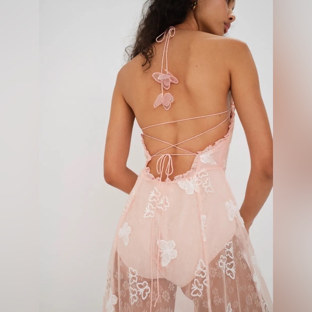 New! For Love & Lemons Beckett Lace Sheer Butterfly Sequin Bodysuit Maxi Dress M - Picture 7 of 16